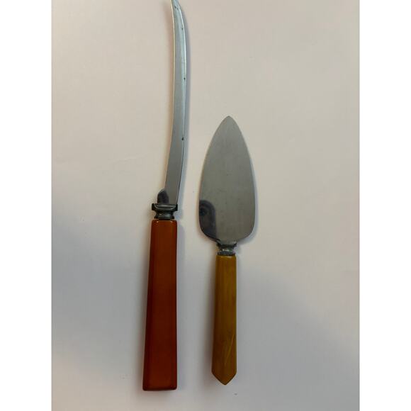 Vintage MCM Bakelite Handles Utensils Tomato Slicing Knife Cake Pie Server - Picture 1 of 2
